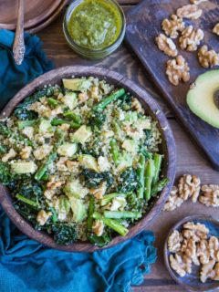 Pesto Quinoa Salad with Kale, Asparagus, Avocado, Walnuts, and Feta. A light and refreshing side dish perfect for sharing