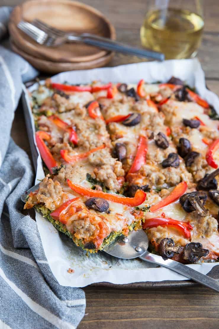 Sausage and Mushroom Pizza on Kale Pizza Crust - Low-Carb, Paleo, Keto dinner recipe.