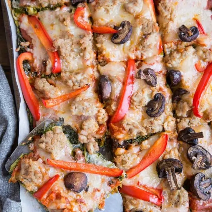 Sausage and Mushroom Pizza on Grain-Free Kale Pizza Crust - Low-Carb, Paleo, Keto dinner recipe.