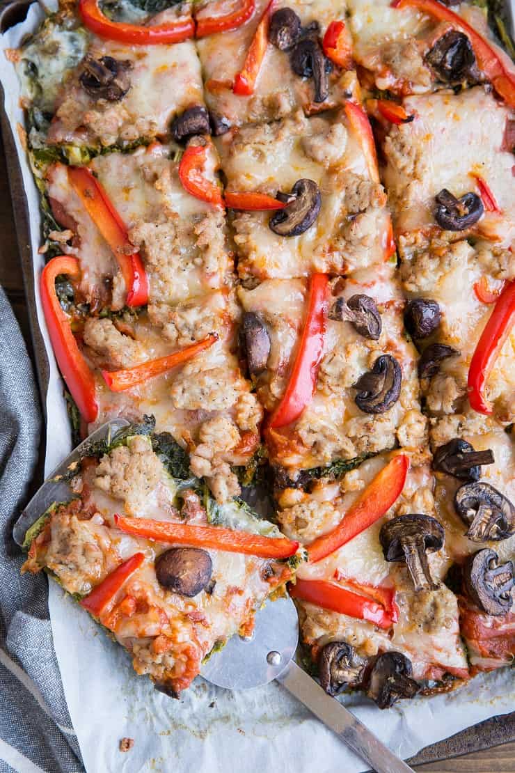 Sausage and Mushroom Pizza on Grain-Free Kale Pizza Crust - Low-Carb, Paleo, Keto dinner recipe.