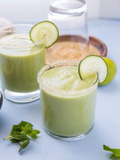 Tropical Avocado Cocktail with mango, pineapple juice, coconut milk, cucumber, mint and lime. These healthy refined sugar-free cocktails are refreshing and delicious!