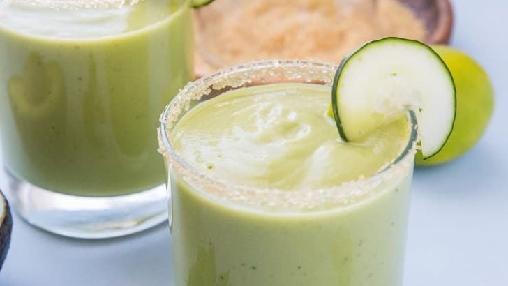 Tropical Avocado Cocktail with mango, pineapple juice, coconut milk, cucumber, mint and lime. These healthy refined sugar-free cocktails are refreshing and delicious!