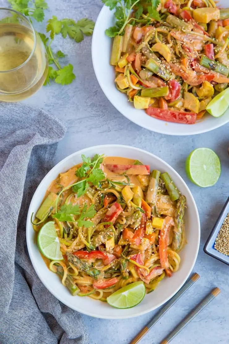 Vegan Red Curry Zucchini Noodle Bowls (low-carb, paleo, keto) } TheRoastedRoot.net - a healthy, gluten-free dinner recipe