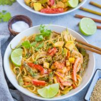 This plant-based vegan red curry zucchini noodle bowl is fresh, frisky, and comforting while keeping it low-carb. I’ll be the first to admit I don’t reinvent the wheel when it comes to curry. I make curry nearly weekly, and while I can 200% go the authentic route by grinding my own spice blend, I am not at all above using a store-bought curry paste. It just makes dinner easy in a pinch!