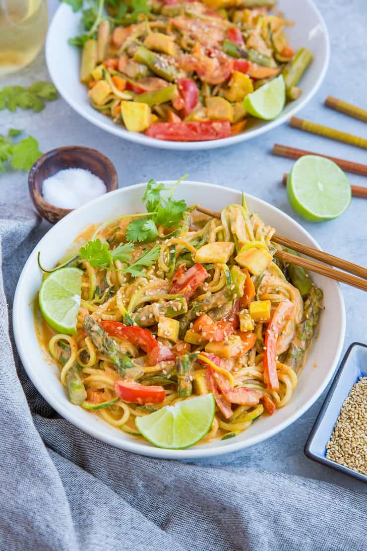 Vegan Red Curry Zucchini Noodle Bowls (low-carb, paleo, keto) } TheRoastedRoot.net - a healthy, gluten-free dinner recipe