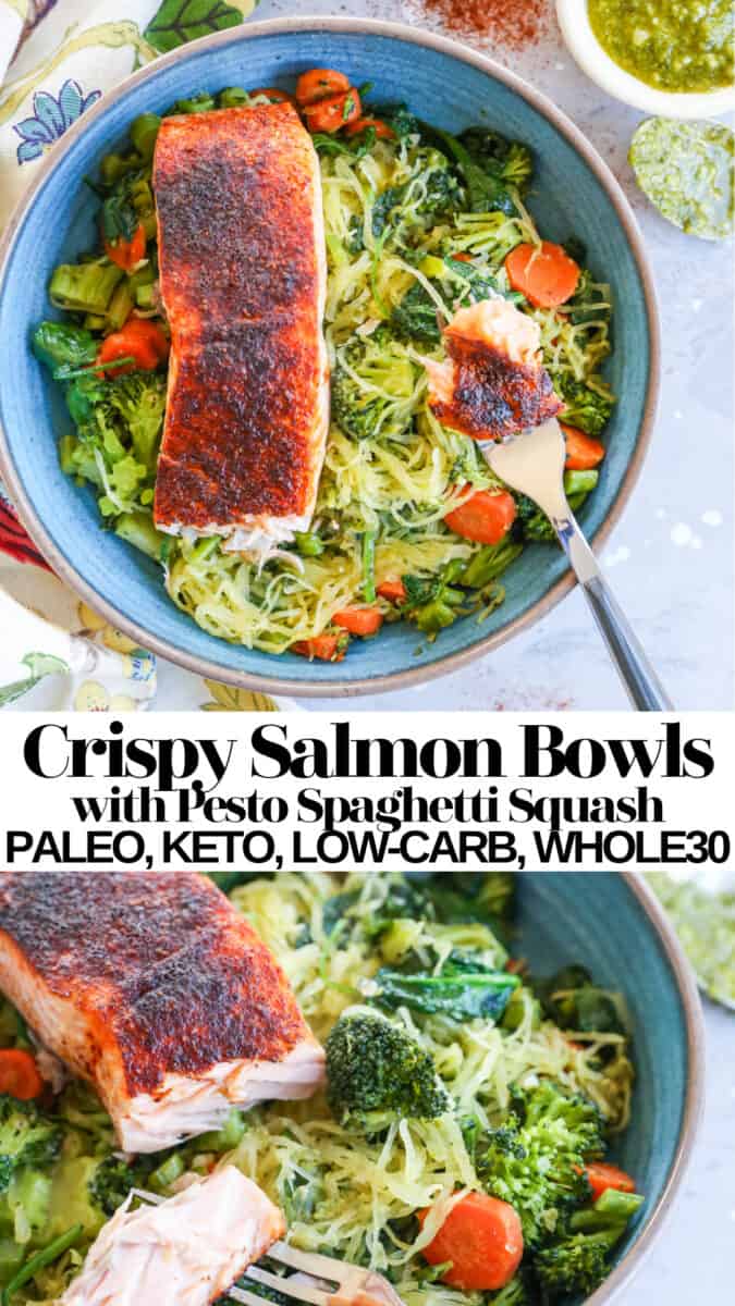 Crispy Salmon Bowls with Pesto Spaghetti Squash - low-carb, keto, whole30, paleo