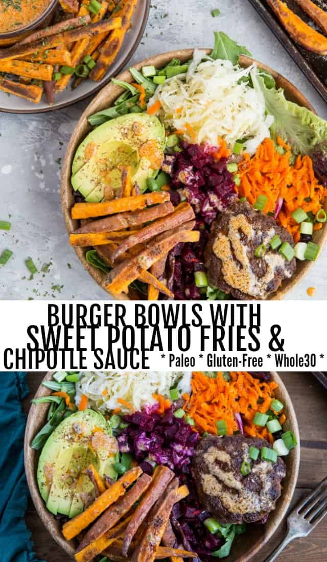Burger Bowls with Chipotle Sauce, sauerkraut, pickled beets, carrots, mixed greens and avocado - a nutritious approach to hamburgers! These bowls are a healthy dinner option and are easy to make any night of the week!