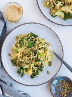 Creamy Tahini Spaghetti Squash with kale, zucchini and broccoli - a healthy paleo, vegan meal