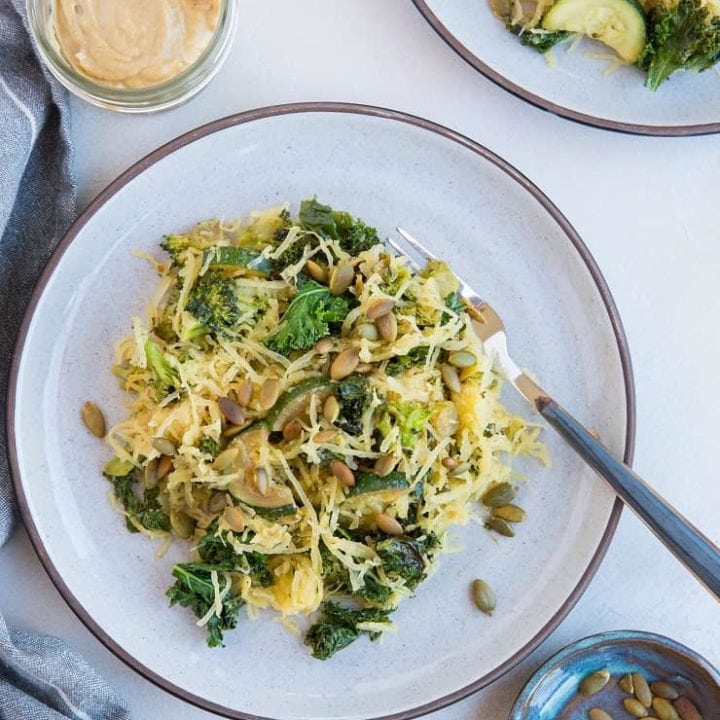 Creamy Tahini Spaghetti Squash with kale, zucchini and broccoli - a healthy paleo, vegan meal