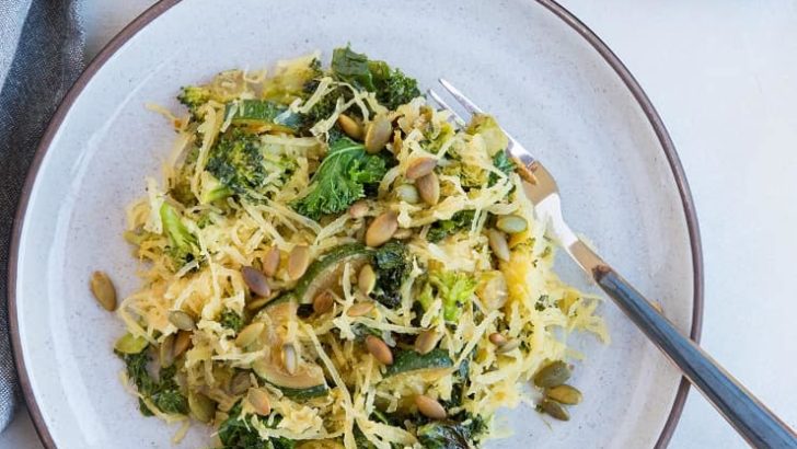 Creamy Tahini Spaghetti Squash with kale, zucchini and broccoli - a healthy paleo, vegan meal