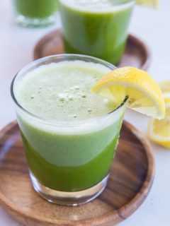 Happy Digestion Celery Juice - home-juiced celery juice with cucumber, orange and lemon for the ultimate healthy gut elixir. | TheRoastedRoot.net #greenjuice #detox #vegan