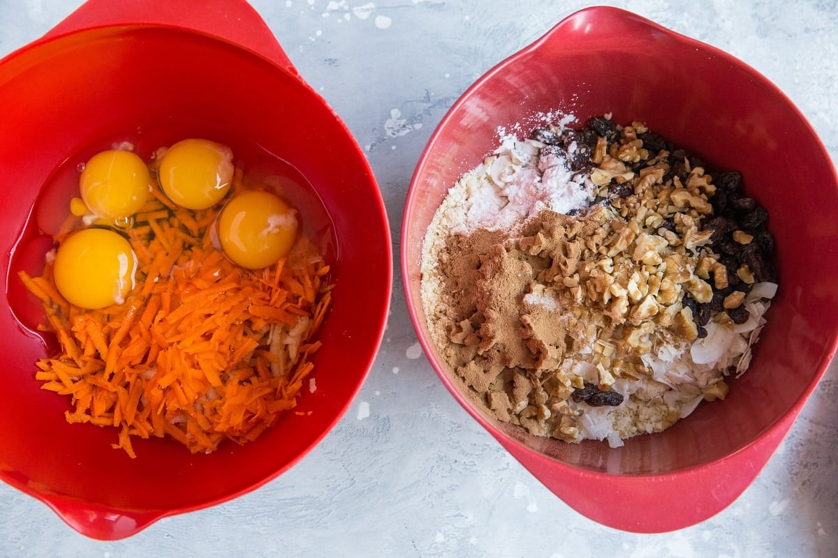 Bowl of wet ingredients next to a bowl of dry ingredients to make morning glory muffins using almond flour.