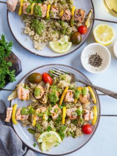 Lemony Grilled Salmon Kabobs with Quinoa and Pesto - a quick, easy, and healthy meal | TheRoastedRoot.com #glutenfree #paleo #primal