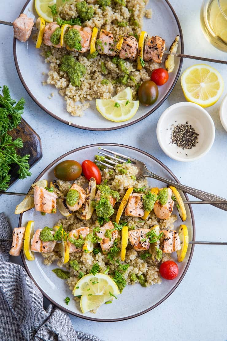 Lemony Grilled Salmon Kabobs with Quinoa and Pesto - a quick, easy, and healthy meal | TheRoastedRoot.com #glutenfree #paleo #primal