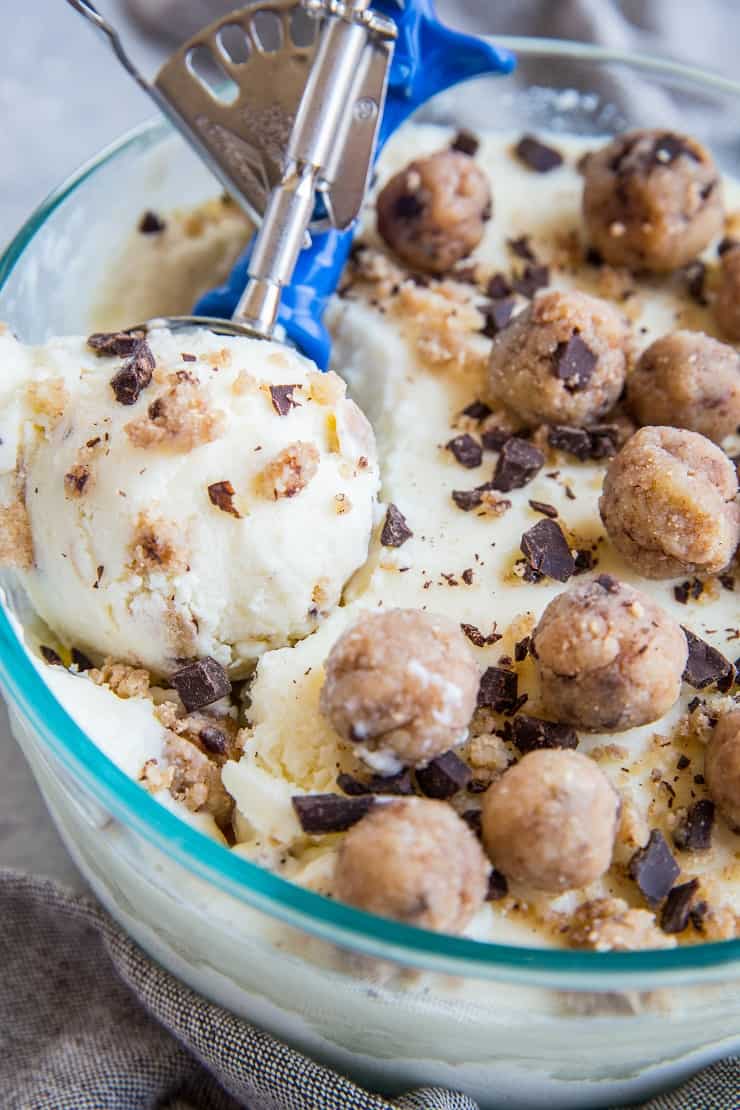 Keto Cookie Dough Ice Cream - low-carb homemade ice cream with grain-free cookie dough bites. This delicious ice cream is better than store-bought!