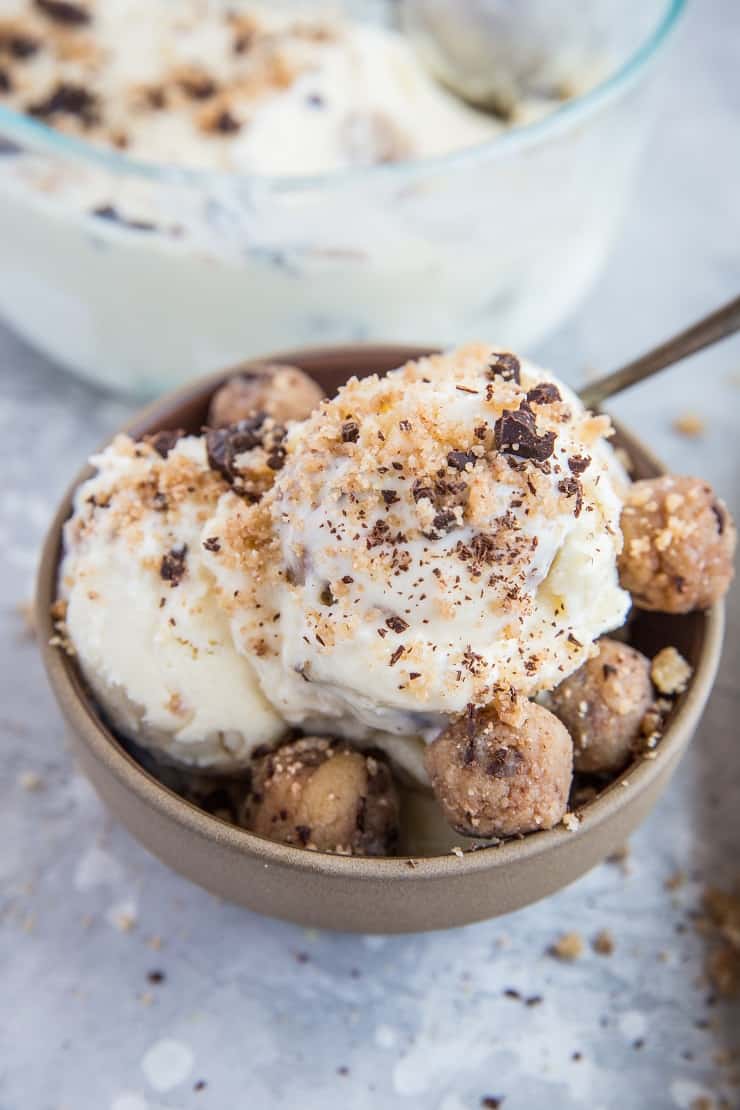 Keto Cookie Dough Ice Cream with sweetener and milk option - low-carb homemade ice cream with grain-free cookie dough bites. This delicious ice cream is better than store-bought!