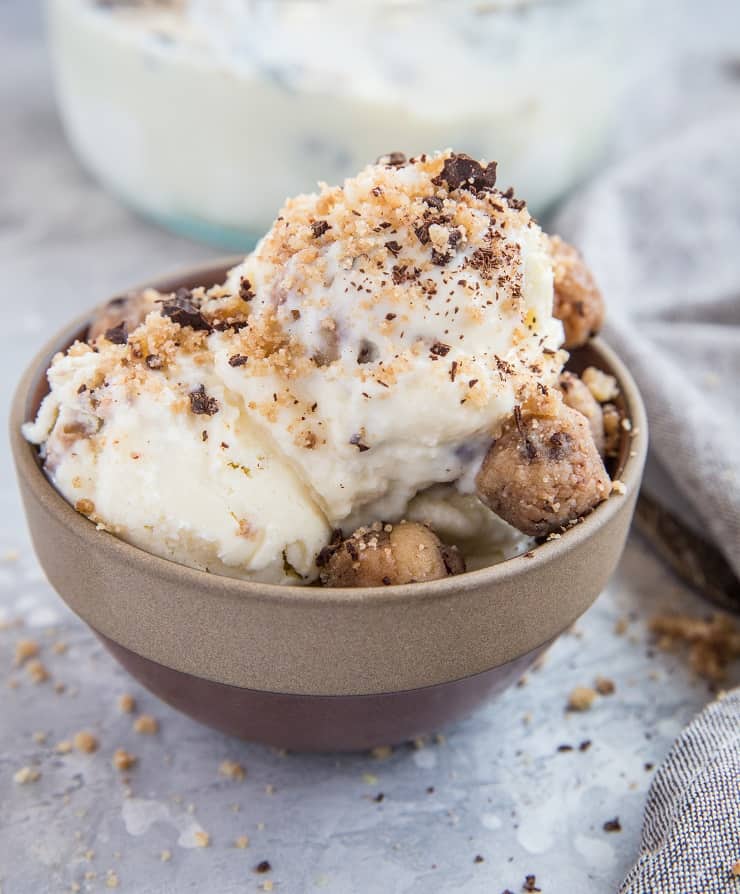 Keto Cookie Dough Ice Cream - low-carb homemade ice cream with grain-free cookie dough bites. This delicious ice cream is better than store-bought!