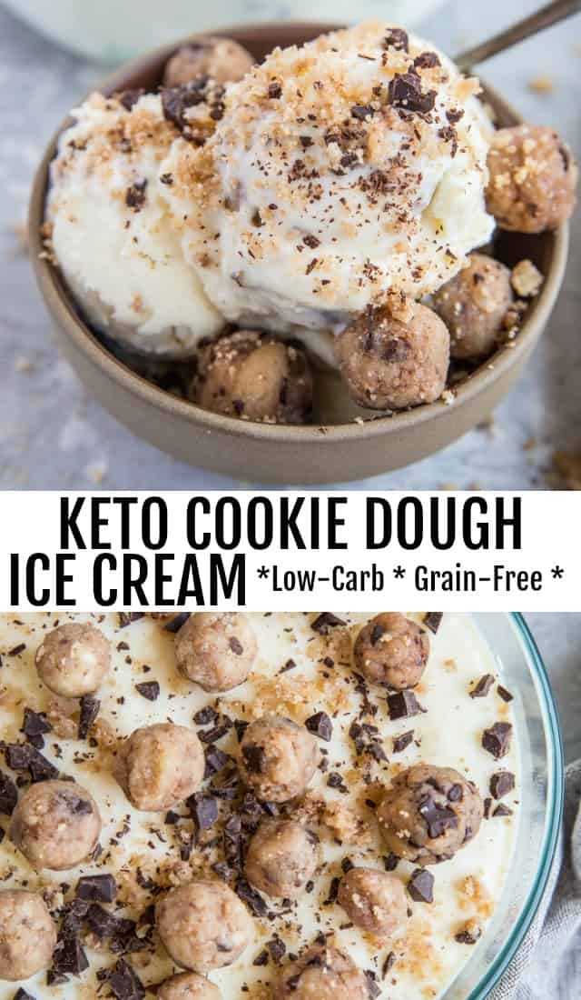 Keto Cookie Dough Ice Cream - low-carb homemade ice cream with grain-free cookie dough bites. This delicious ice cream is better than store-bought!