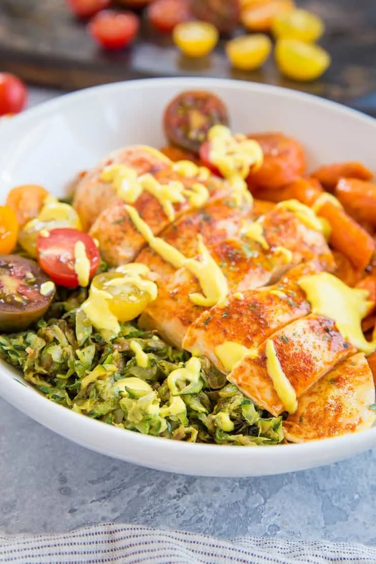 Whole30 Orange-Marinated Chicken Bowls with Zucchini "Rice" and Roasted Carrots - a nutritious low-carb, keto, Low-FODMAP paleo dinner recipe that's easy to make any night of the week! | TheRoastedRoot.com #glutenfree #whole30