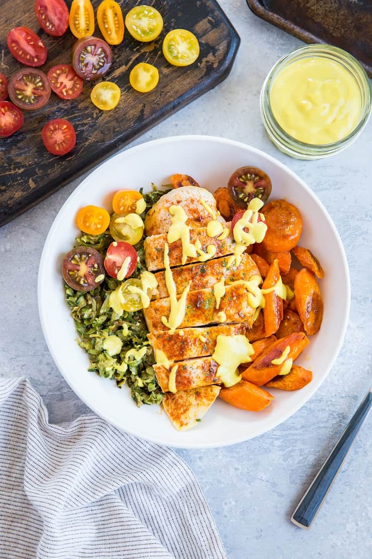 Orange-Marinated Chicken Bowls with Zucchini "Rice" and Roasted Carrots - a nutritious low-carb, keto, paleo dinner recipe that's easy to make any night of the week! | TheRoastedRoot.com #glutenfree