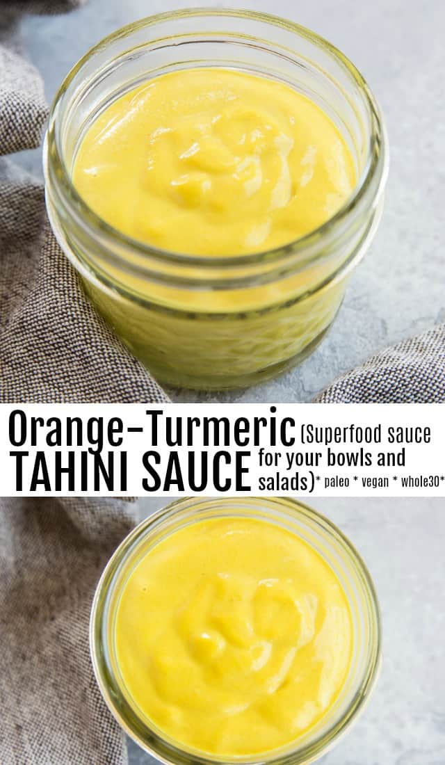 5-Ingredient Orange-Turmeric Tahini Sauce - an anti-inflammatory, superfood sauce to use on all your bowls and salads - Paleo, Vegan, Whole30, and delicious | TheRoastedRoot.net