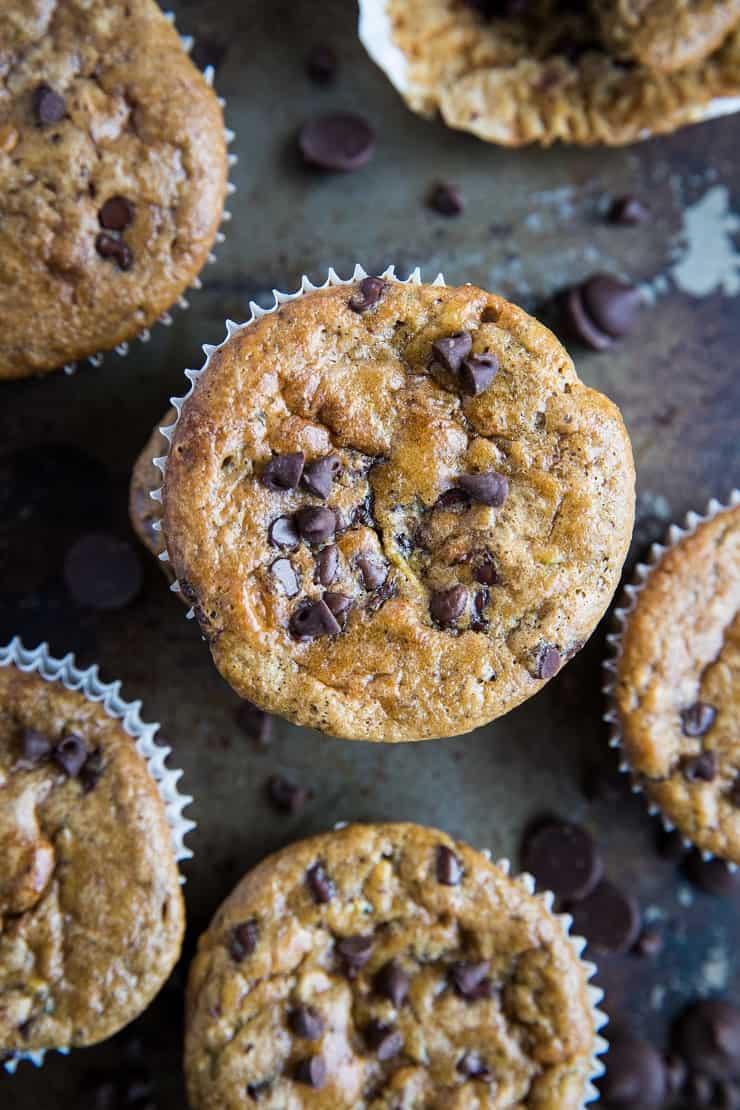 Paleo Chocolate Chip Zucchini Muffins - grain-free, refined sugar-free, dairy-free and healthy | TheRoastedRoot.com | Made easily in your blender #glutenfree