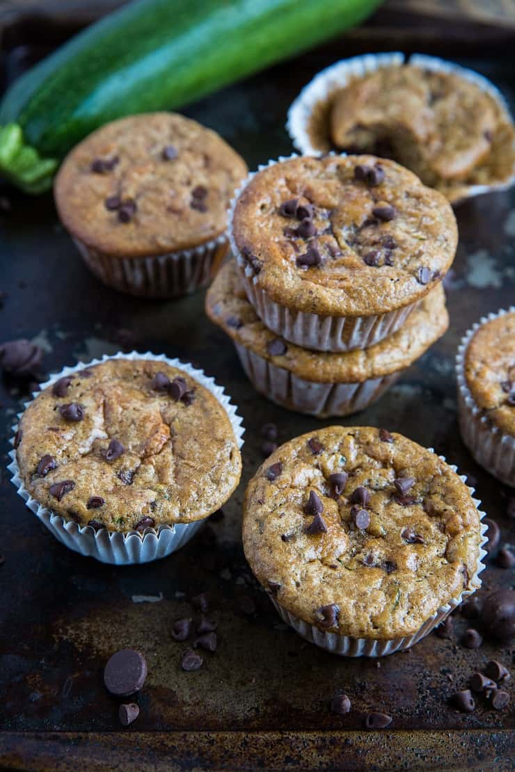 Paleo Chocolate Chip Zucchini Muffins - grain-free, refined sugar-free, dairy-free and healthy | TheRoastedRoot.com | Made easily in your blender #glutenfree