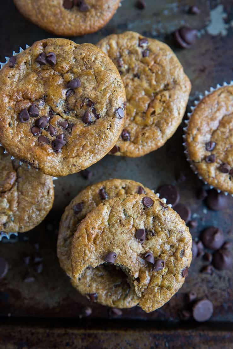 Grain-Free Paleo Chocolate Chip Zucchini Muffins - made grain-free with almond flour and refined sugar-free with pure maple syrup and banana, dairy-free and healthy | TheRoastedRoot.com | Made easily in your blender #glutenfree