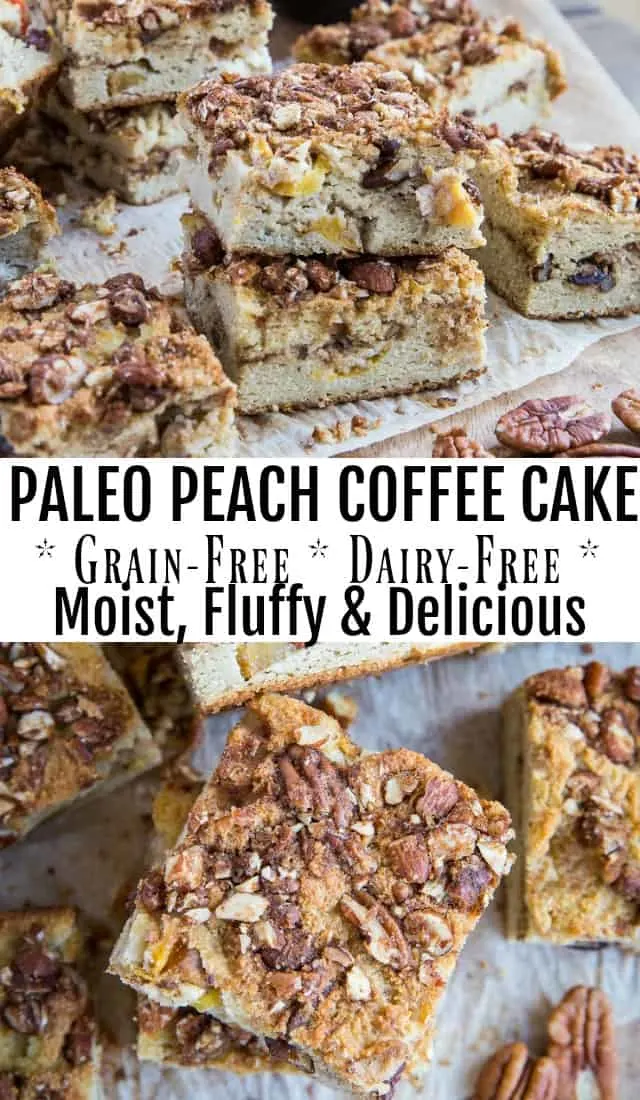 Paleo Peach Coffee Cake - grain-free, dairy-free, refined sugar-free and healthy! This easy recipe is prepared in a blender. #glutenfree #breakfastrecipe | TheRoastedRoot.com
