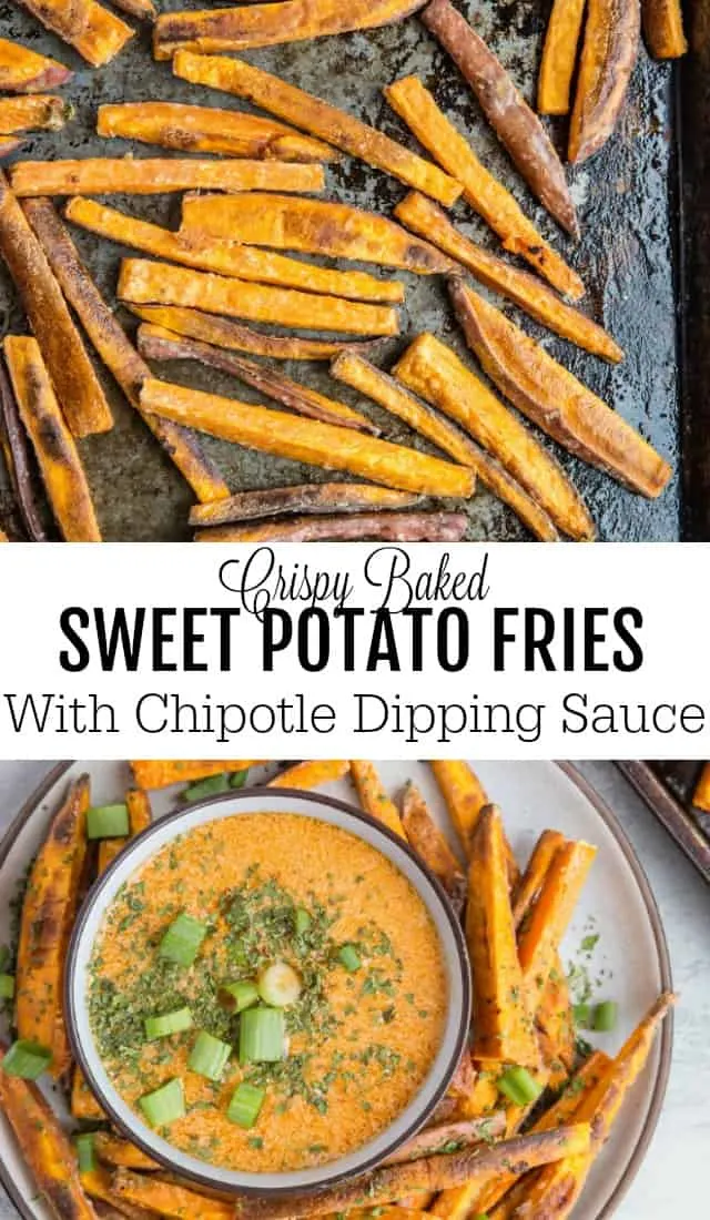 Crispy Baked Sweet Potato Fries with Chipotle Dipping Sauce - an amazing side dish to go with your burgers! | TheRoastedRoot.com