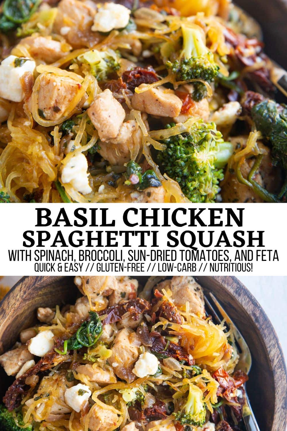 Collage for Pinterest for basil chicken spaghetti squash.