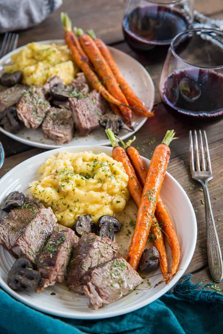 Slow Cooker Bison Roast with Mashed Rutabaga and Gravy, and Roasted Carrots - this sexy Paleo meal is perfect for date night.