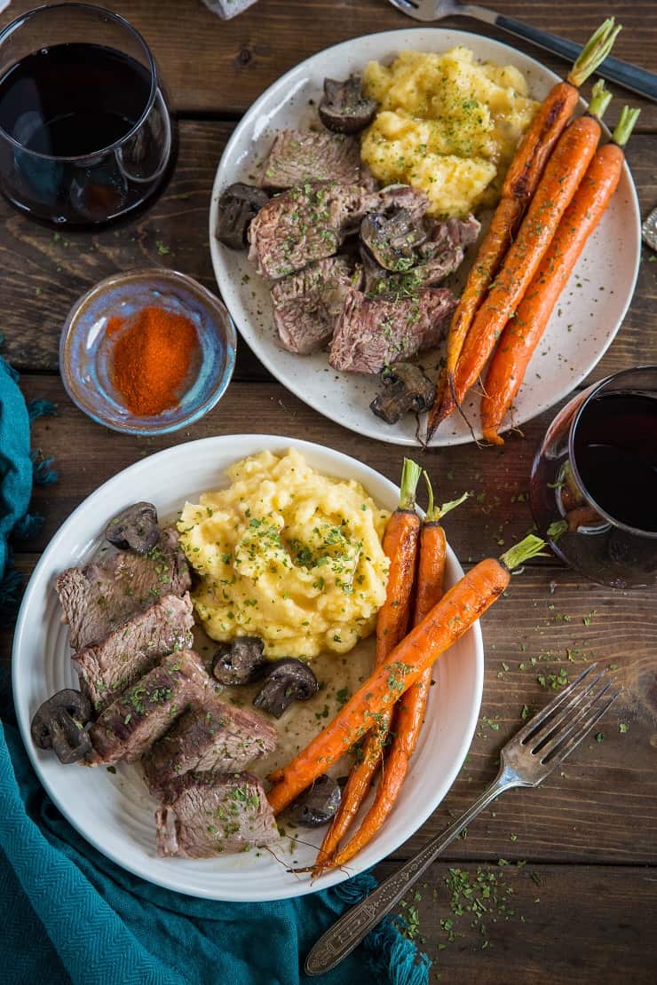 Slow Cooker Bison Roast with Mashed Rutabaga and Gravy, and Roasted Carrots - this sexy Paleo meal is perfect for date night.