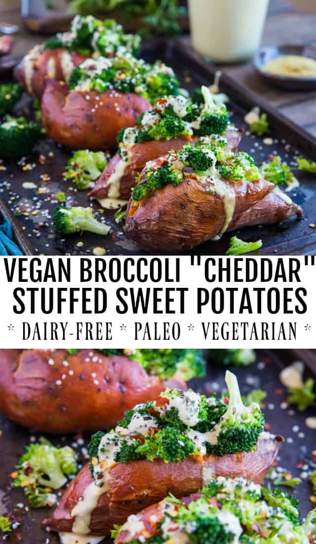 Vegan Broccoli "Cheddar" Stuffed Sweet Potatoes with a homemade dairy-free "cheese" sauce - a clean and simple weeknight side dish or meal. | TheRoastedRoot.net #glutenfree #paleo #vegetarian