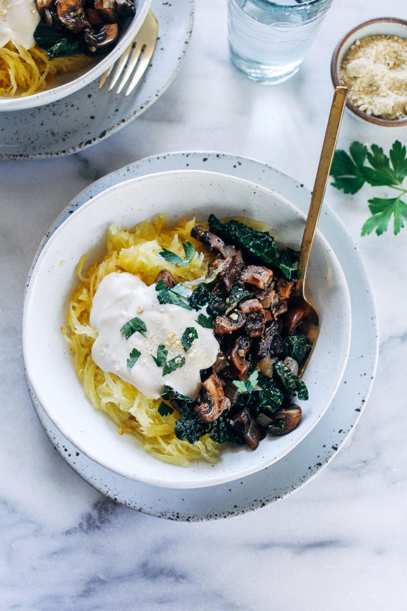 Spaghetti Squash with Mushrooms, Kale and Cashew Alfredo Sauce