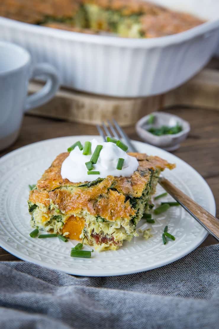 Butternut Squash & Bacon Breakfast Casserole - a simple, healthy breakfast recipe perfect for serving the whole family and awesome as a make-ahead meal | TheRoastedRoot.com #glutenfree #lowcarb #breakfast