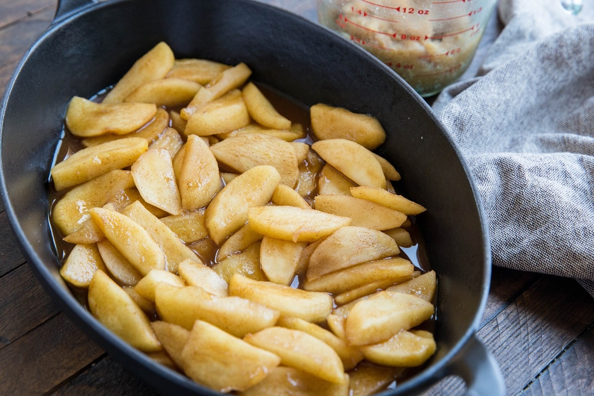 baking dish with cooked apples inside.