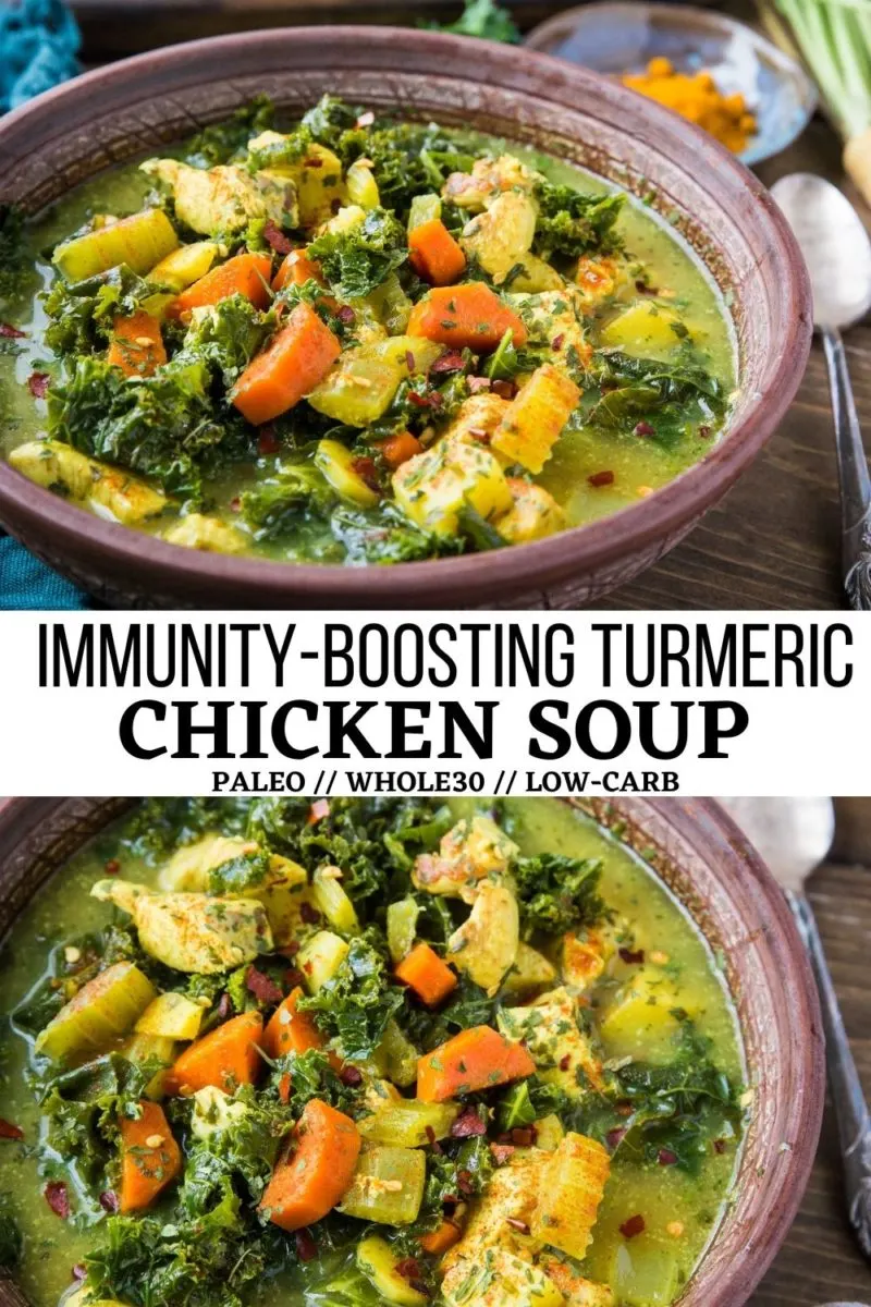 Immunity-Boosting Turmeric Chicken Soup - an anti-inflammatory soup recipe with kale, carrots, onion, celery, chicken, and turmeric. Flavorful and delicious and packed with nutrients for a healthy meal!