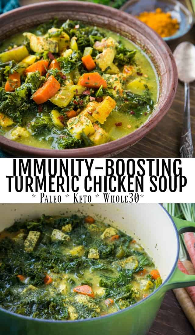 Immunitetsfremmende Gurkemeie Kyllingsuppe med gulrøtter, pastinetter, persille, ingefær og beinbuljong - et kraftverk som er paleo, whole30 og keto. | TheRoastedRoot.com # glutenfree #sunn # paleo