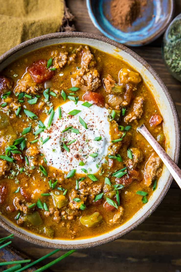 Instant Pot Paleo Pumpkin Chili - quick, easy, flavorful healthy chili perfect for the fall months. | TheRoastedRoot.net #paleo #primal #instantpot