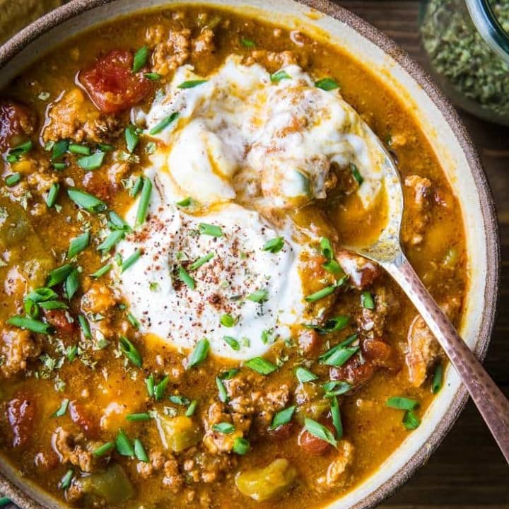 Instant Pot Paleo Pumpkin Chili - quick, easy, flavorful healthy pumpkin chili perfect for the fall months. | TheRoastedRoot.net #paleo #primal #instantpot #lowcarb #pressurecooker