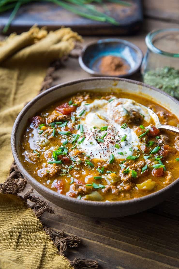 Instant Pot Paleo Pumpkin Chili - quick, easy, flavorful healthy pumpkin chili perfect for the fall months. | TheRoastedRoot.net #paleo #primal #instantpot #lowcarb #pressurecooker