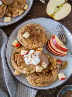 Paleo Apple Cinnamon Pancakes made with almond flour and tapioca flour. This super fluffy grain-free pancake recipe is a pure delight! | TheRoastedRoot.net #glutenfree #breakfast #healthy