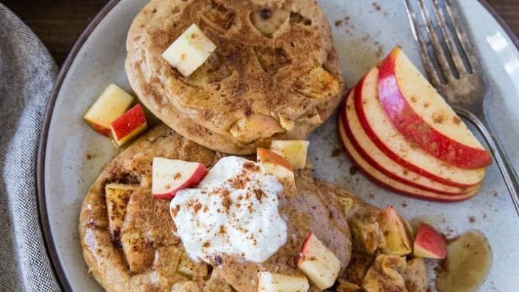 Paleo Apple Cinnamon Pancakes made with almond flour and tapioca flour. This super fluffy grain-free pancake recipe is a pure delight! | TheRoastedRoot.net #glutenfree #breakfast #healthy