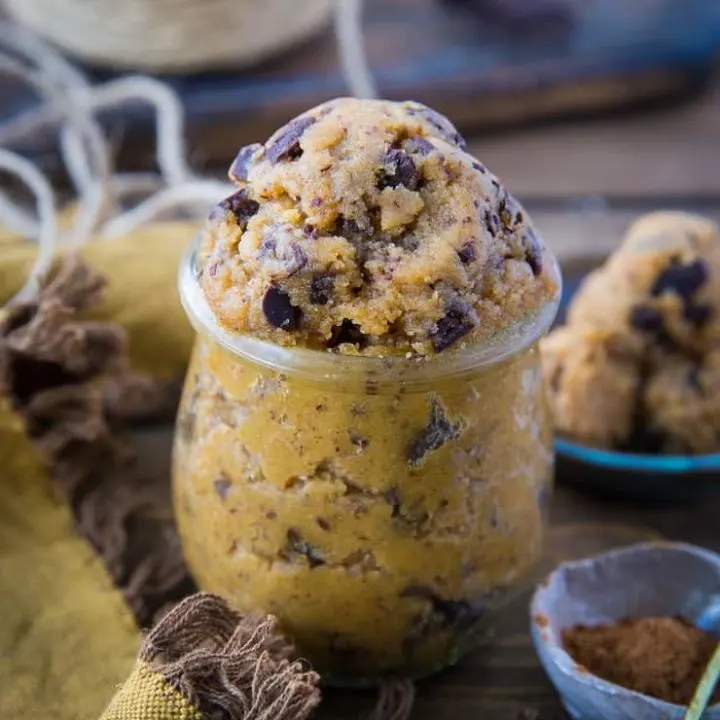 Paleo Pumpkin Chocolate Chip Edible Cookie Dough - only 7 ingredients are necessary to make this healthy grain-free treat | TheRoastedRoot.net #paleo #keto #lowcarb #dessert #healthy