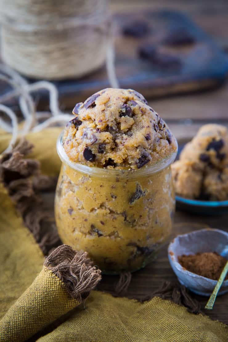 Paleo Pumpkin Chocolate Chip Edible Cookie Dough - only 7 ingredients are necessary to make this healthy grain-free treat | TheRoastedRoot.net #paleo #keto #lowcarb #dessert #healthy