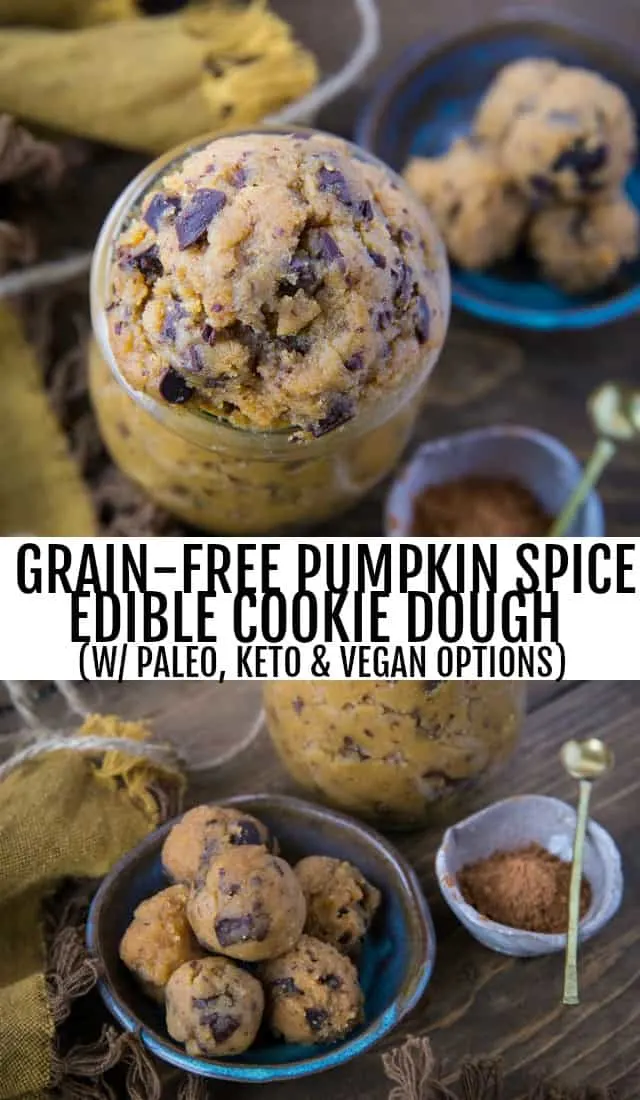 Paleo Pumpkin Chocolate Chip Edible Cookie Dough - only 7 ingredients are necessary to make this healthy grain-free treat | TheRoastedRoot.net #paleo #keto #lowcarb #dessert #healthy