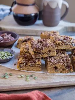 Paleo Pumpkin Coffee Cake - grain-free, dairy-free, refined sugar-free and gluten-free coffee cake recipe made with pecan streusel topping. A delicious fall treat! | TheRoastedRoot.com #dessert #breakfast #paleo