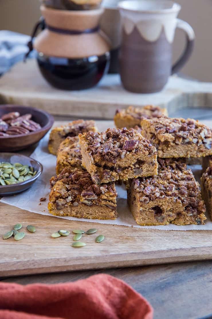 Paleo Pumpkin Coffee Cake - grain-free, dairy-free, refined sugar-free and gluten-free coffee cake recipe made with pecan streusel topping. A delicious fall treat! | TheRoastedRoot.com #dessert #breakfast #paleo