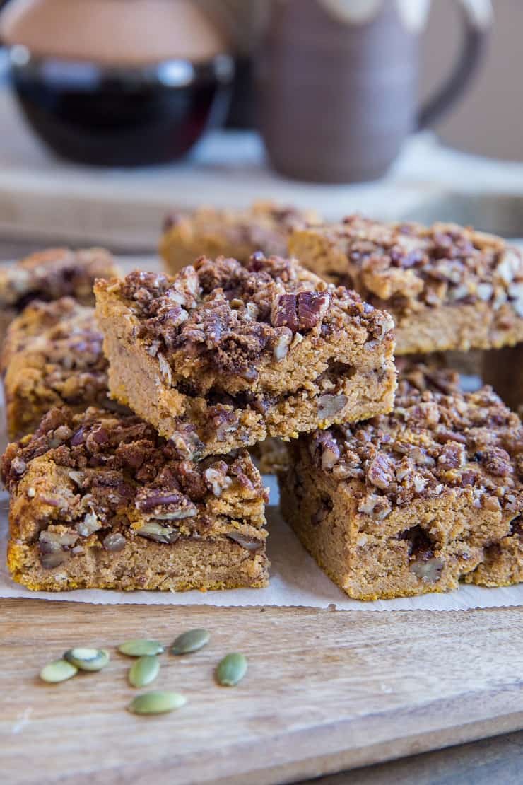 Paleo Pumpkin Coffee Cake - grain-free, dairy-free, refined sugar-free and gluten-free coffee cake recipe made with pecan streusel topping. A delicious fall treat! | TheRoastedRoot.com #dessert #breakfast #paleo